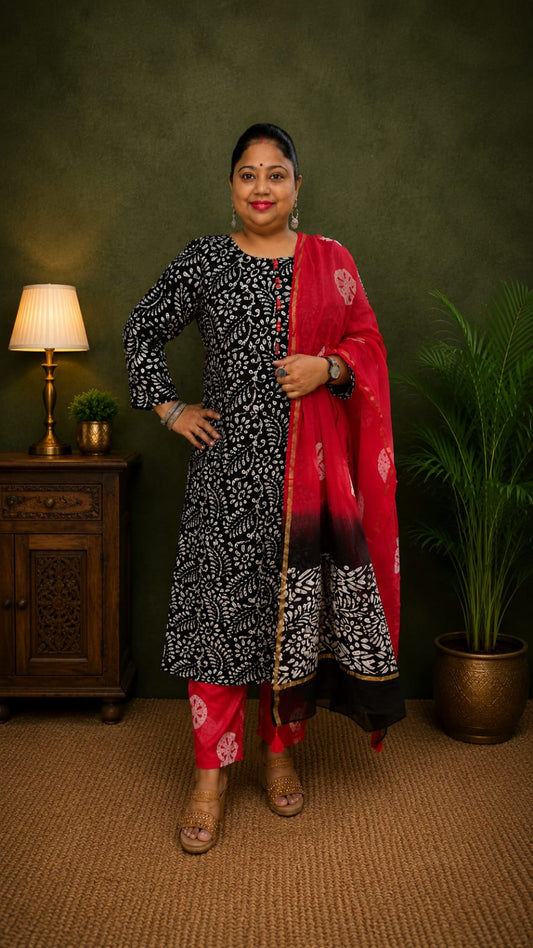 Black Red Chanderi Silk Suit Set