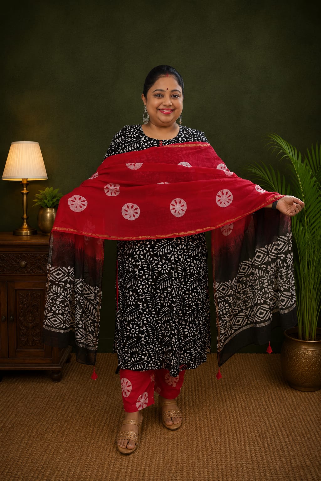Black Red Chanderi Silk Suit Set
