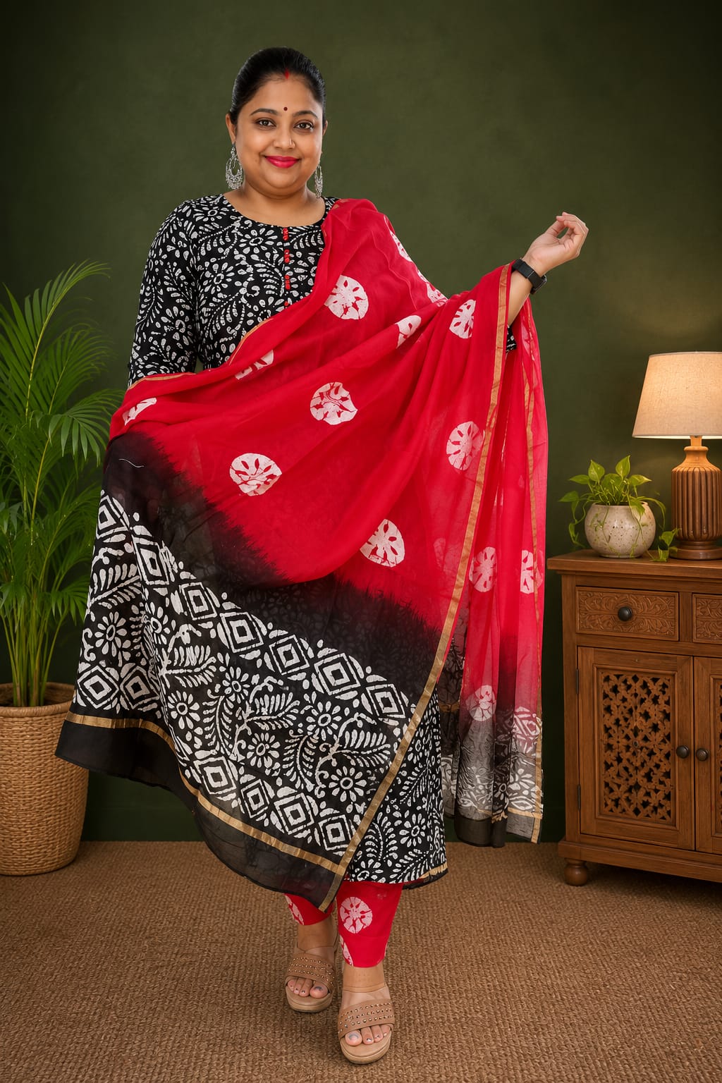 Black Red Chanderi Silk Suit Set