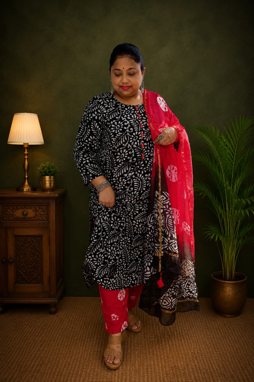 Black Red Chanderi Silk Suit Set