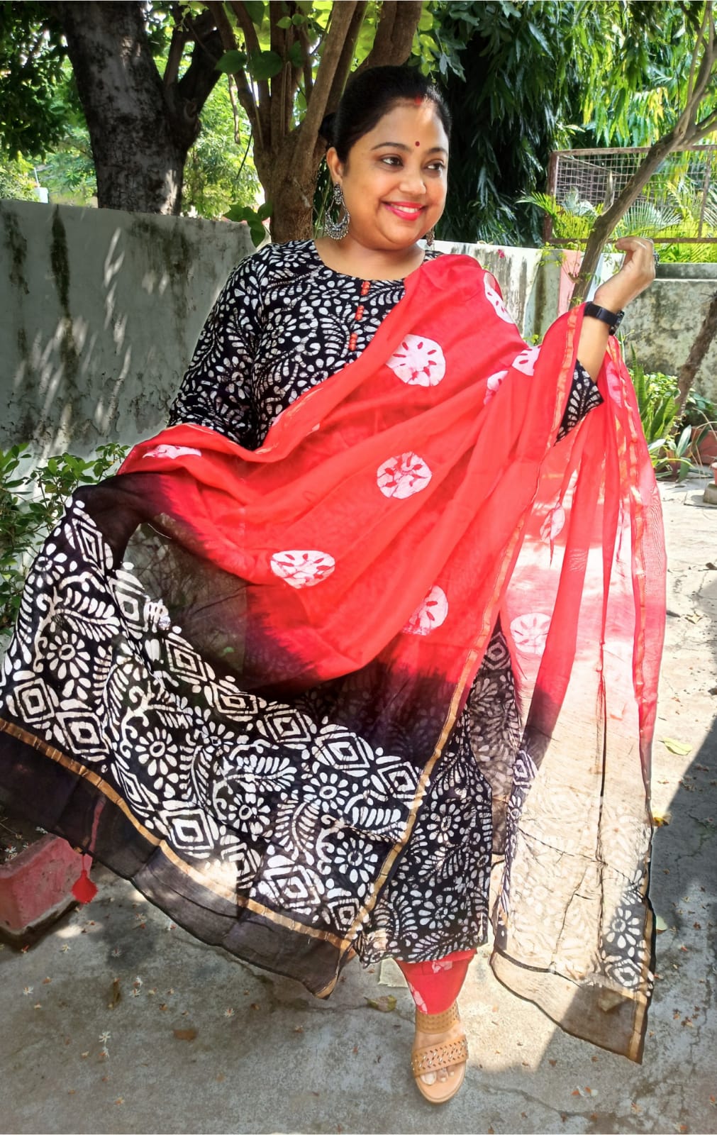 Red-Black Batik print Pure Chanderi Silk suit