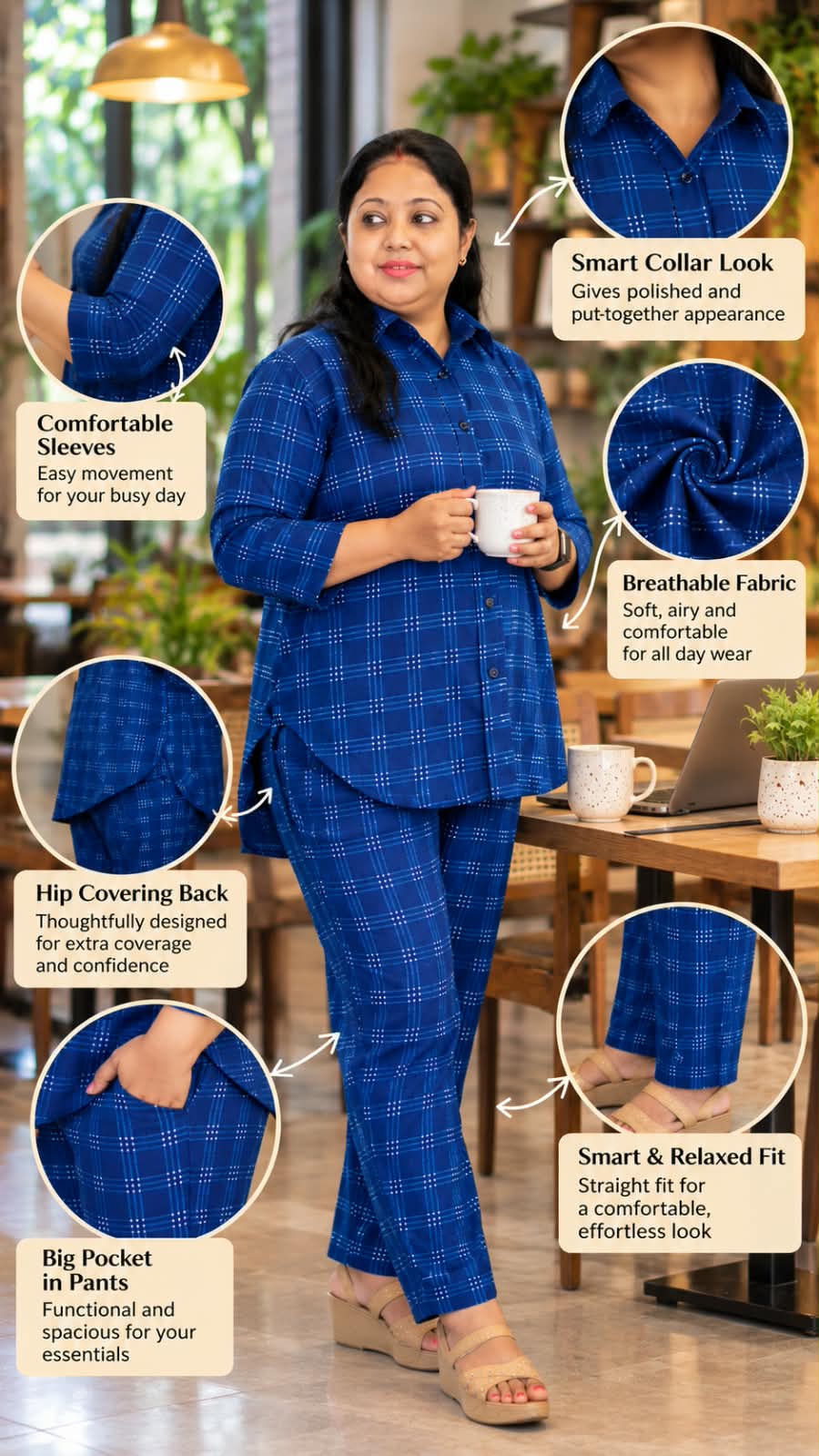Blue checks shirts collar coord set