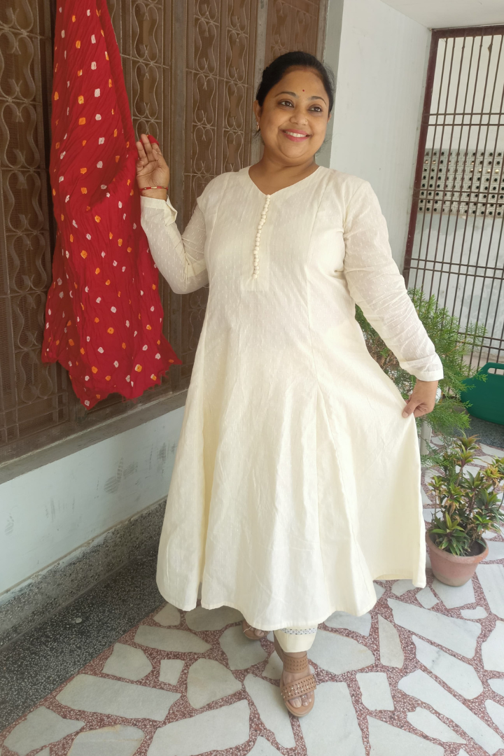 White Dobby Cotton Flaired Kurta