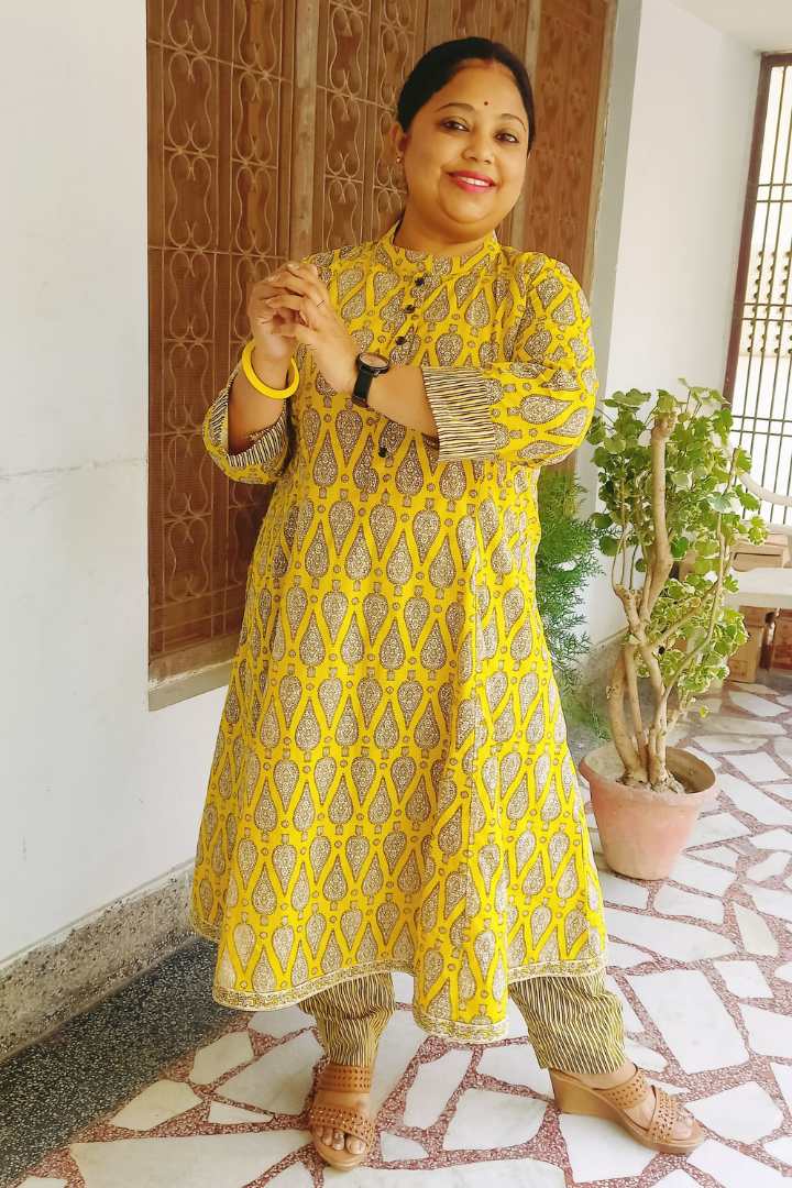 Yellow black hand block print Kurta Pant set