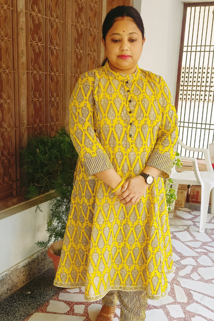 Yellow black hand block print Kurta Pant set