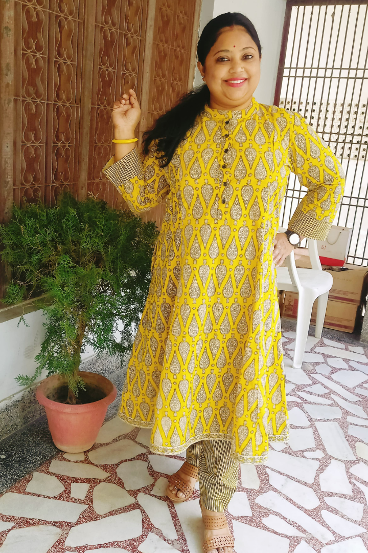 Yellow black hand block print Kurta Pant set