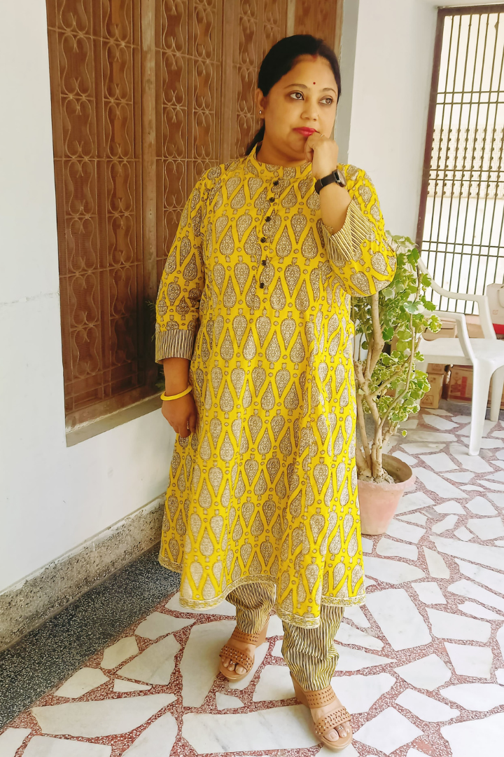 Yellow black hand block print Kurta Pant set