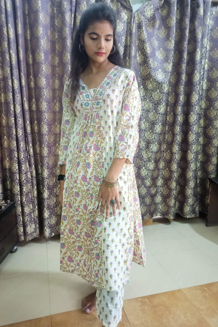 cream yoke embroidery jaipuri cotton suit