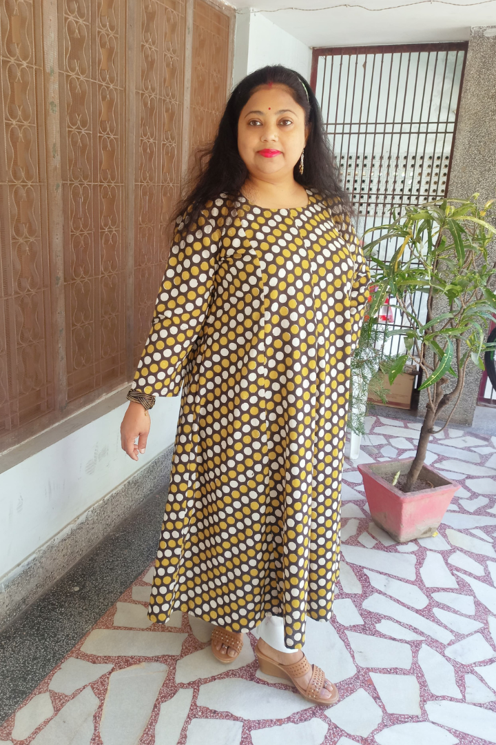 Black-mustard Polka dot front box pleated kurta