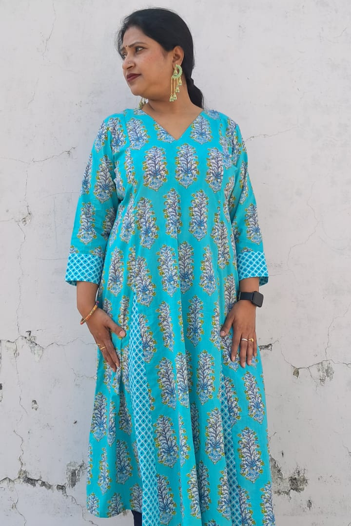 Sea Green Jaipuri cotton Kalidar kurta