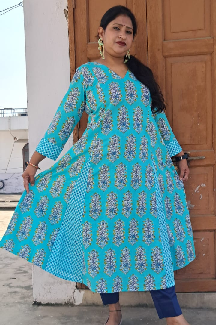 Sea Green Jaipuri cotton Kalidar kurta