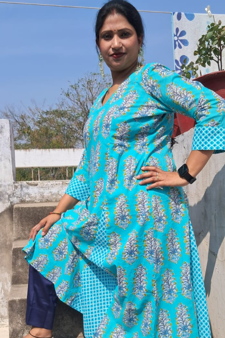 Sea Green Jaipuri cotton Kalidar kurta