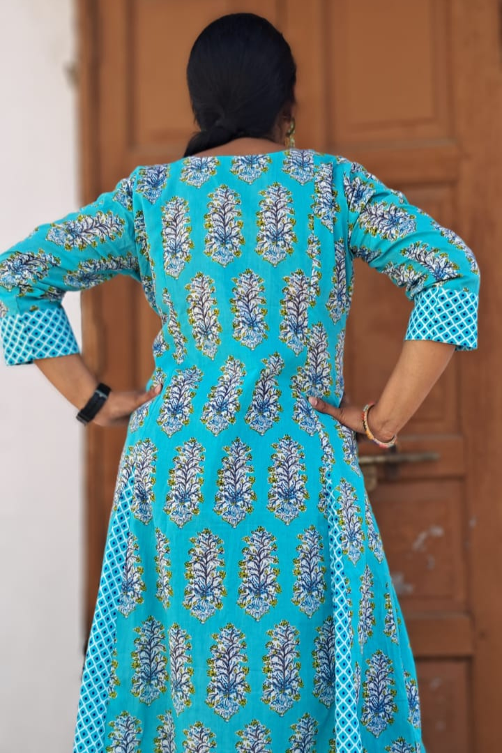 Sea Green Jaipuri cotton Kalidar kurta