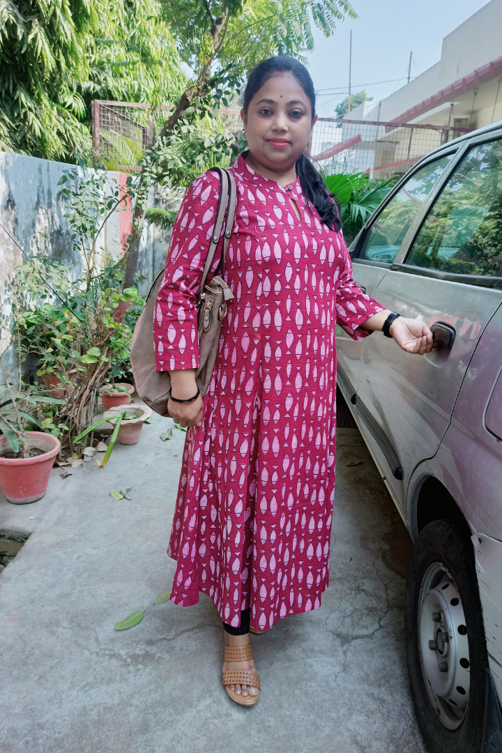 Wine colour Fish print Kalidar kurta