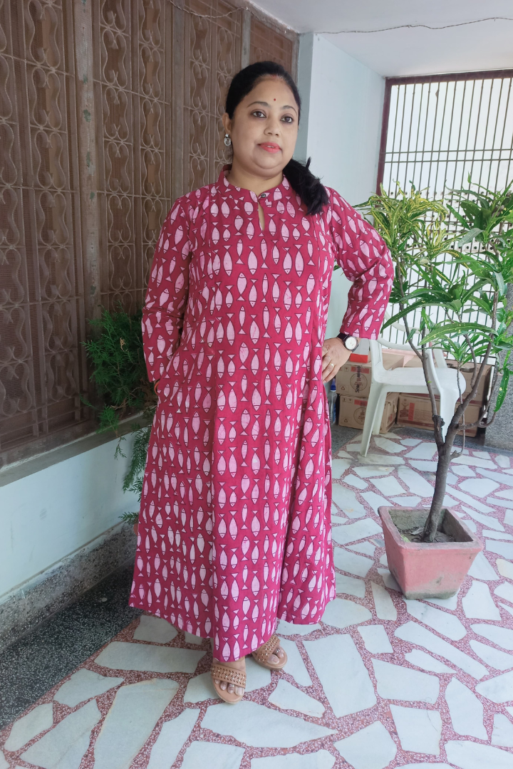 Wine colour Fish print Kalidar kurta