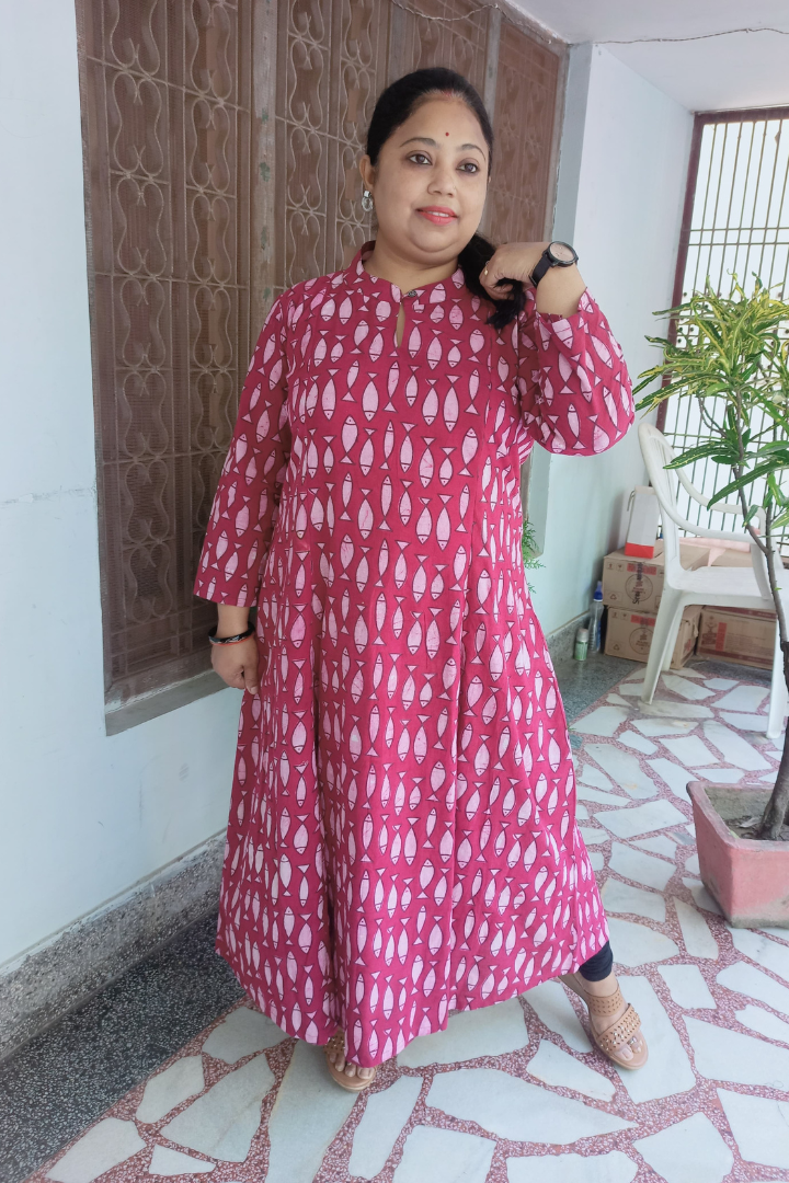 Wine colour Fish print Kalidar kurta