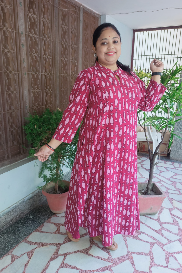Wine colour Fish print Kalidar kurta
