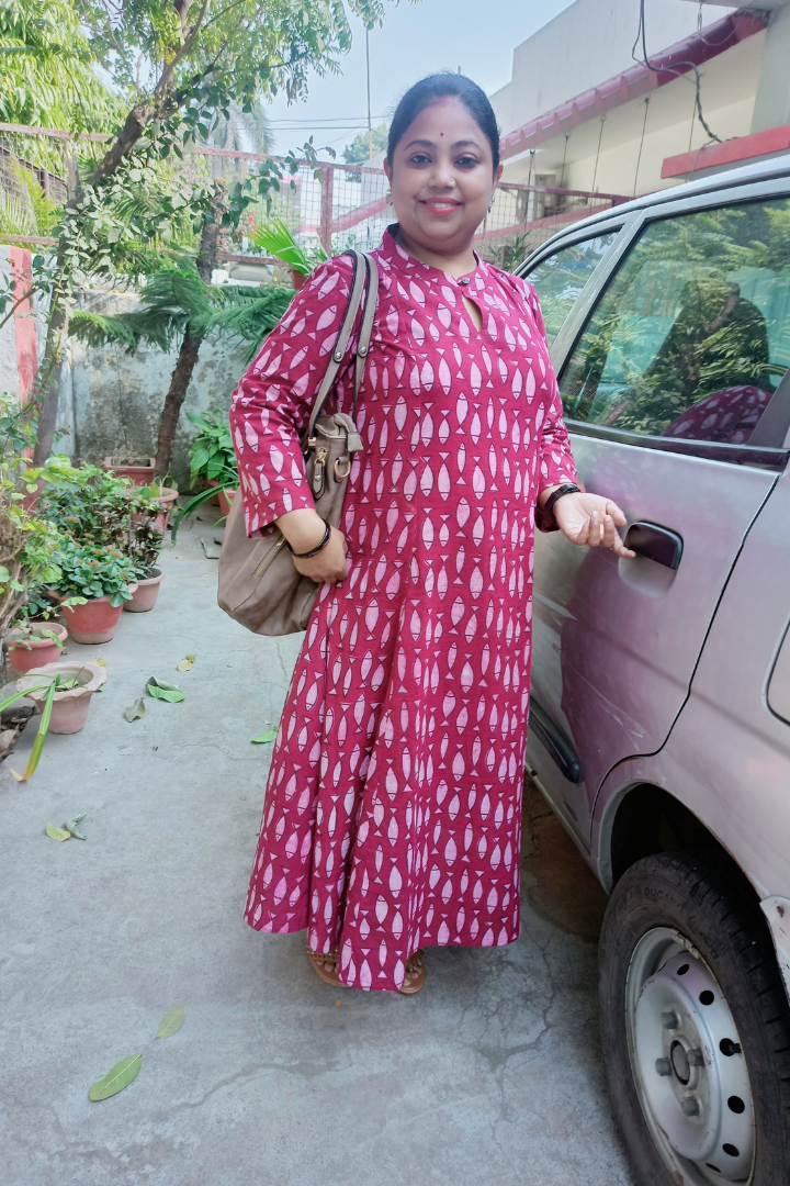 Wine colour Fish print Kalidar kurta