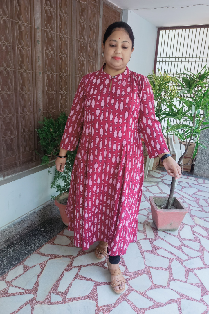 Wine colour Fish print Kalidar kurta